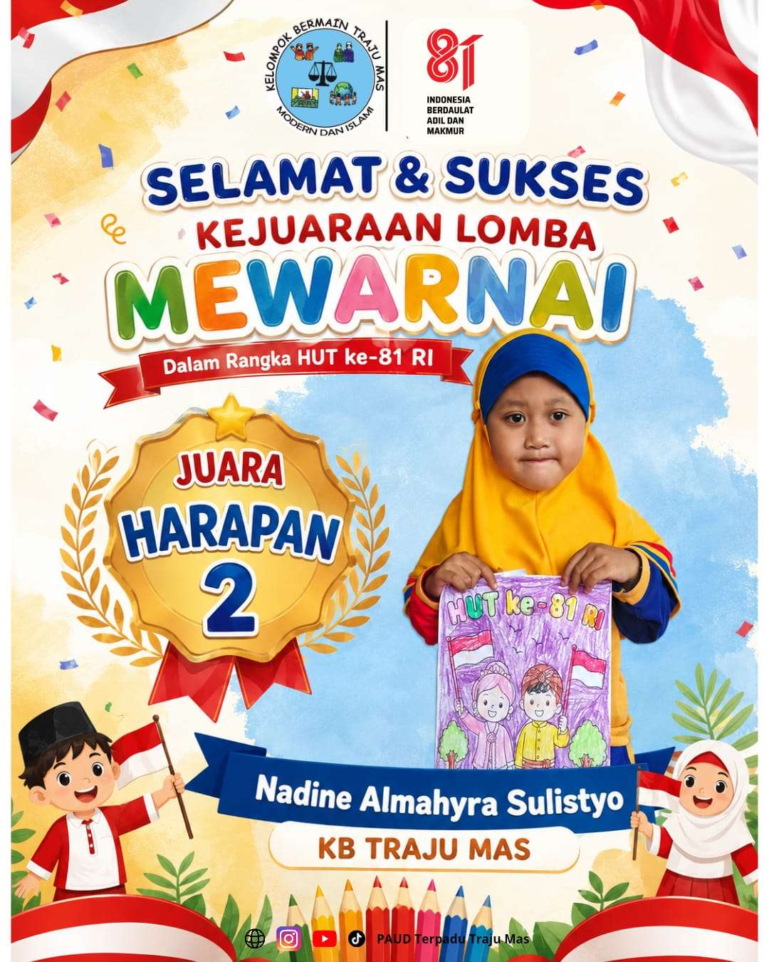 Read more about the article PAUD Terpadu Traju Mas Raih Juara Harapan 2 Lomba Mewarnai PKG PAUD Kecamatan Banyuurip